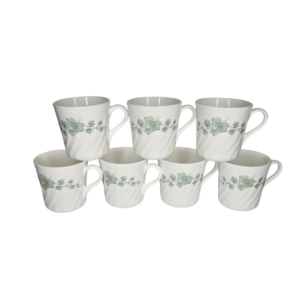 Set Of 7 Vintage Callaway Green Ivy Swirl Coffee Mugs / Tea Cups  Corelle